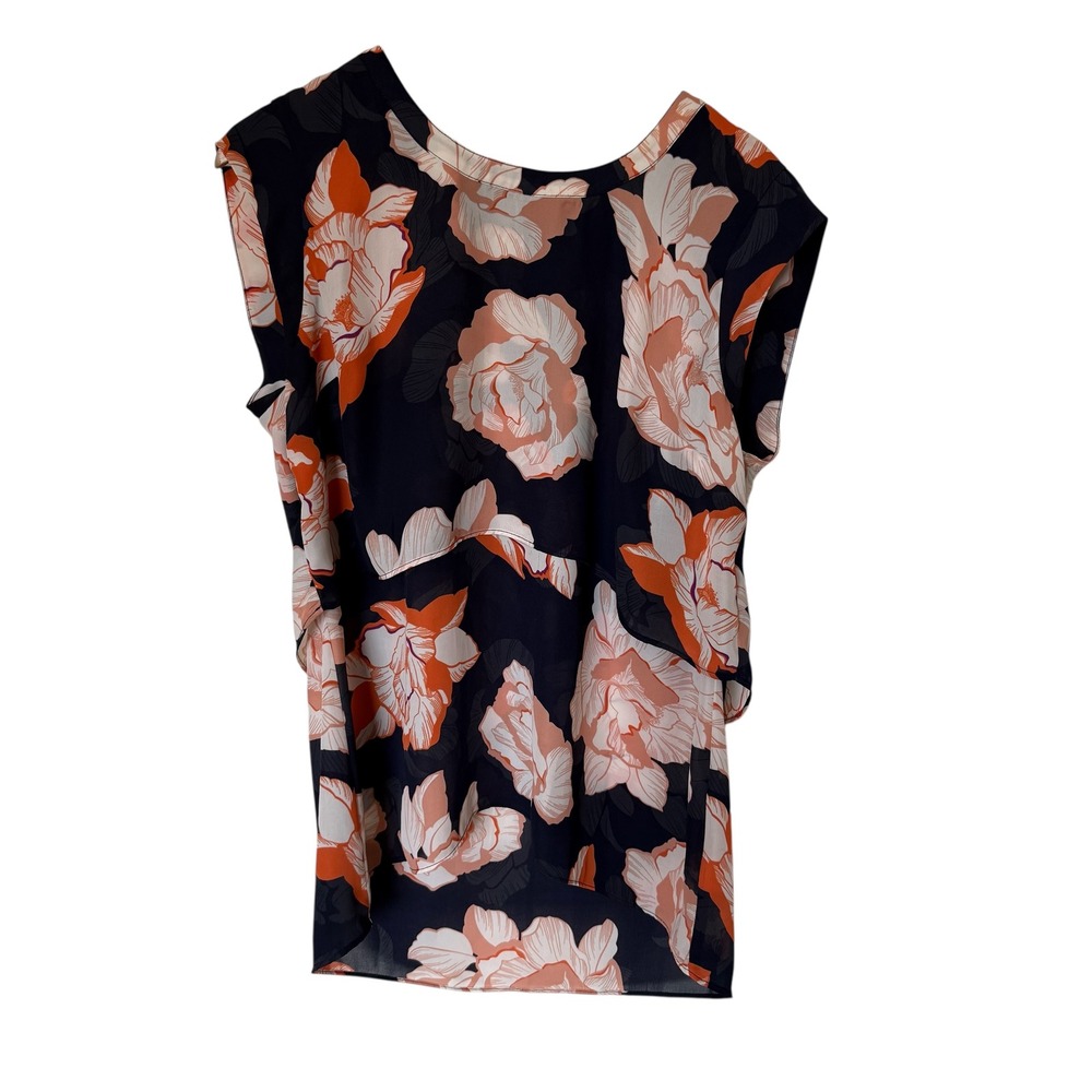 Cabi Floral Tiered‎ Blouse Womens Medium Navy Orange 5030 Sleeveless Excellent